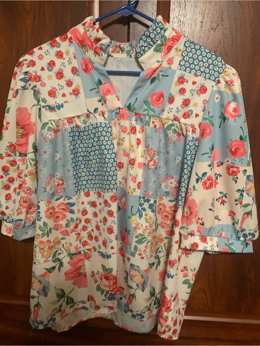 SHEIN Patchwork Floral Blouse in Light Blue, White, Pink